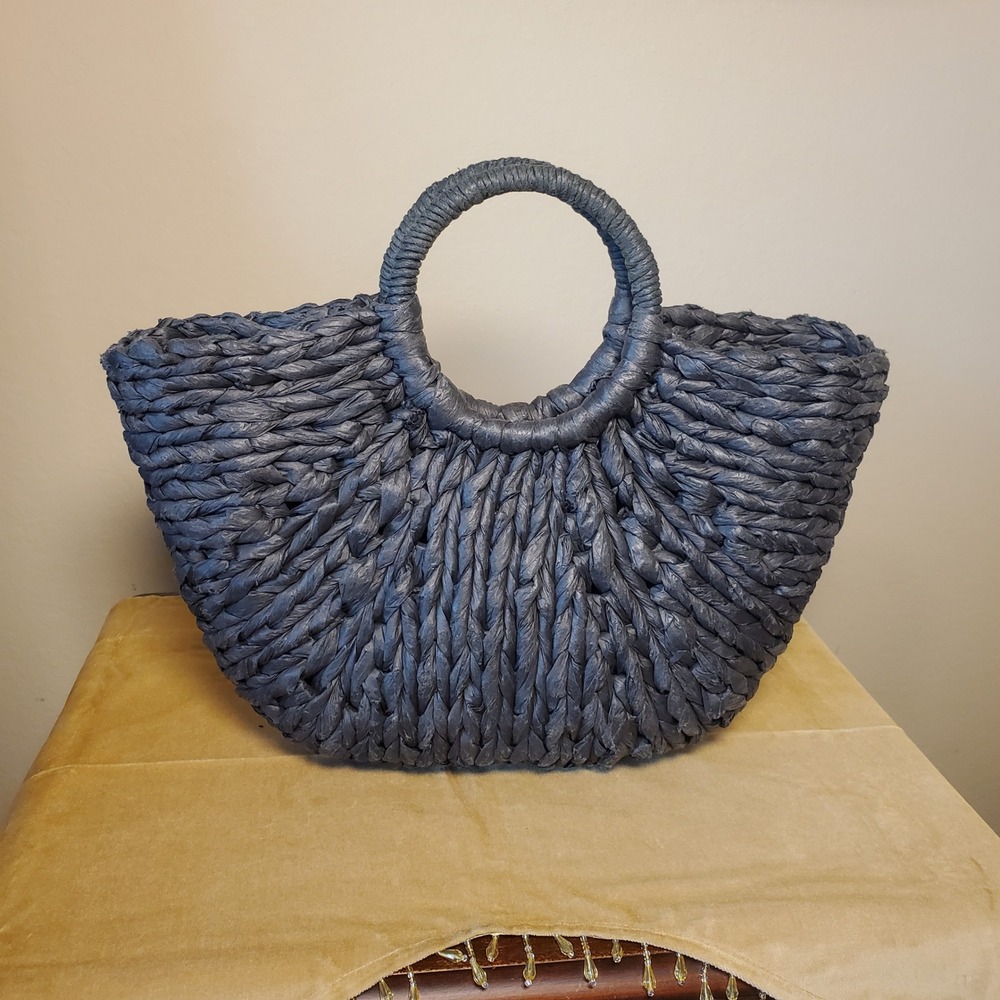 Bujibaja Charcoal Gray Woven Straw Fan Tote Bag Circular Handle Summer Beach - Picture 7 of 10
